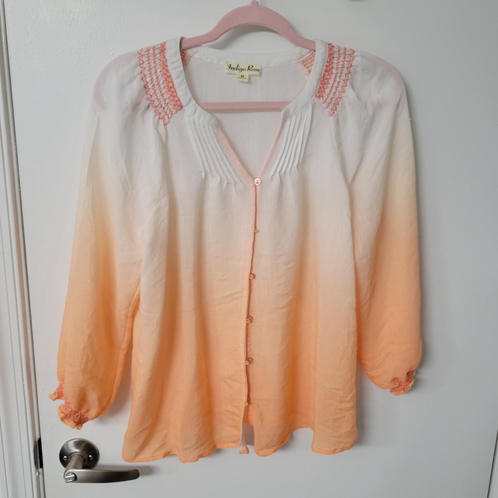 Women's Indigo Rose Gauzy Ombre Orange Smocked Blouse Size Medium